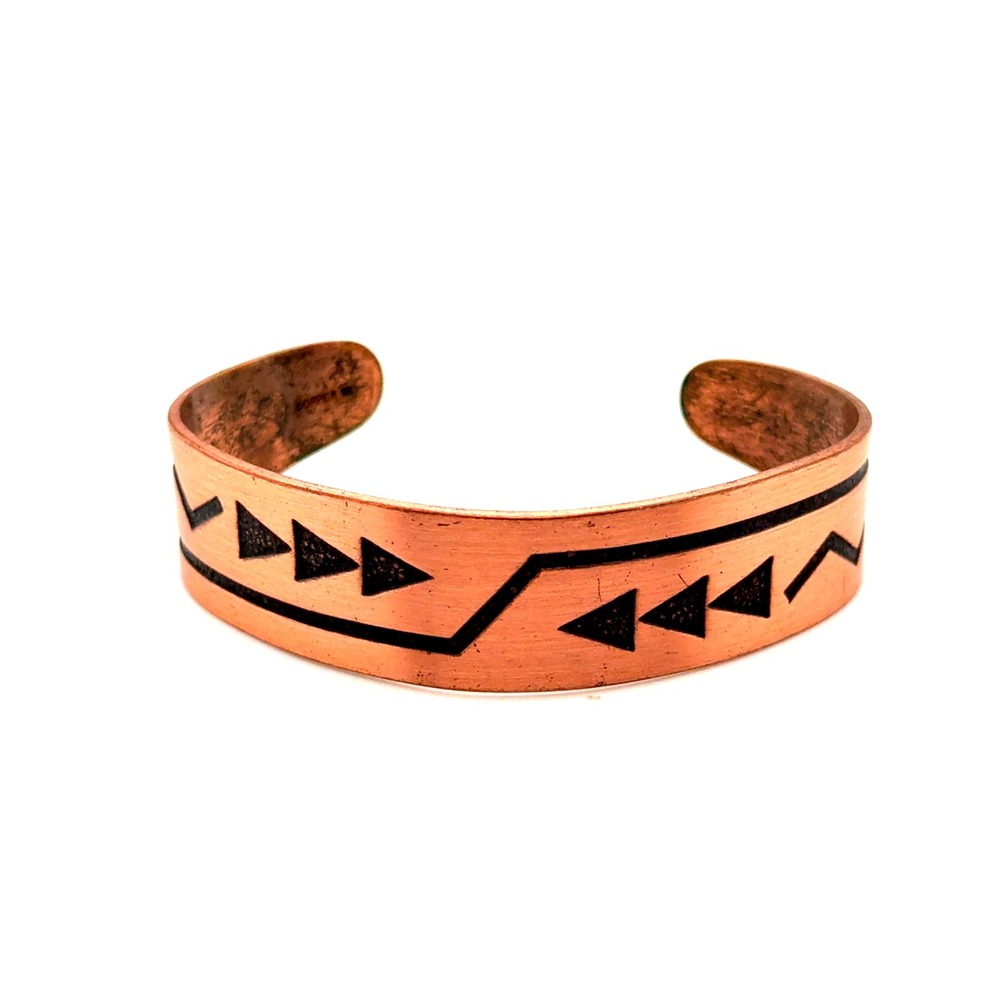 Vintage Copper Cuff Bracelet Southwestern Geometric Etched Boho Western Bangle